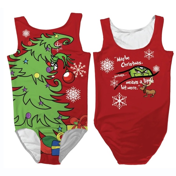 The Grinch Red Green Stretchy Low Back Christmas Print Girls Leotard